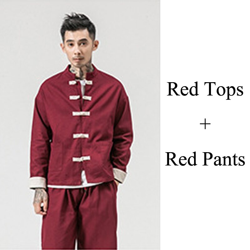 Men Chinese Style Hanfu Tops Pants Traditional Ethnic Kung Fu Jackets Trousers Cotton Linen T-shirt Oriental Fashion Clothing