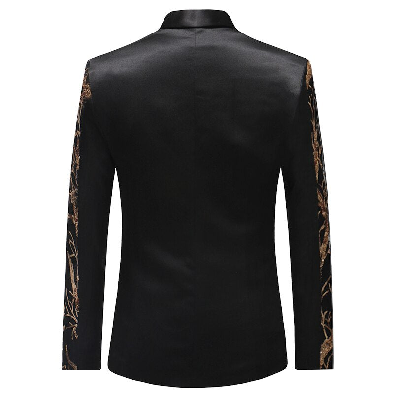 Mens Gold Sequins Slim Fit Black Balzer Hip Hop Stage Singers Prom Dress Suit Jacket Party Jacket Men