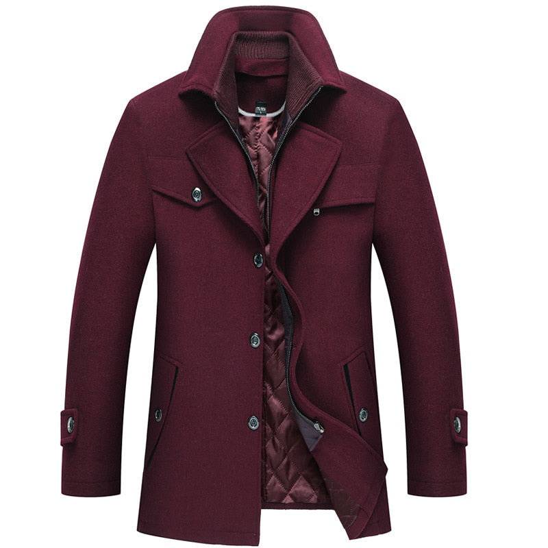 Brother Wang 2023 Winter Men's Thick Warm Wool jacket Double Collar Fashion Casual Slim Red Wine Trench Coat Male Brand Overcoat