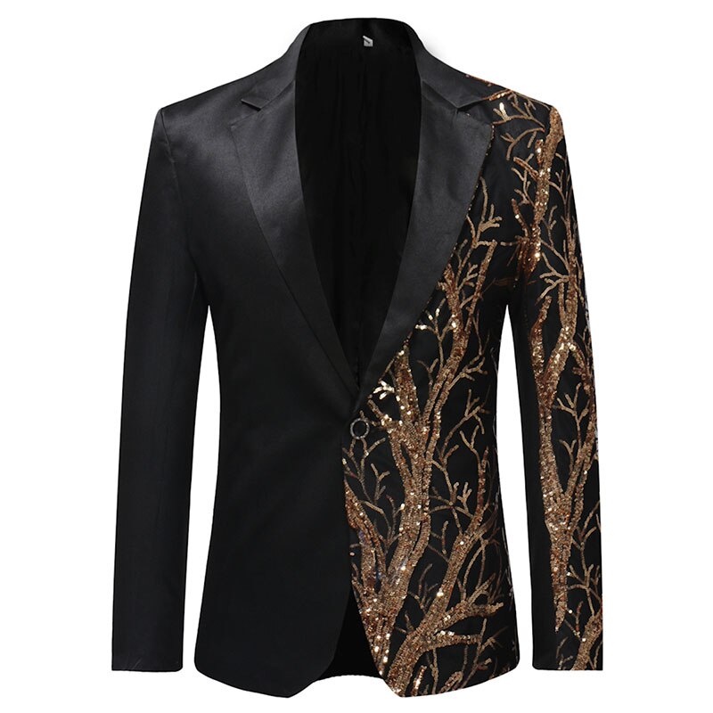 Mens Gold Sequins Slim Fit Black Balzer Hip Hop Stage Singers Prom Dress Suit Jacket Party Jacket Men