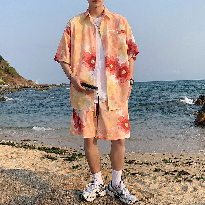 Summer Men Shorts Set Matching Shirts Letter Striped Floral Printing Lightweight Short Sleeve Elastic Waist Oversize Suit Man