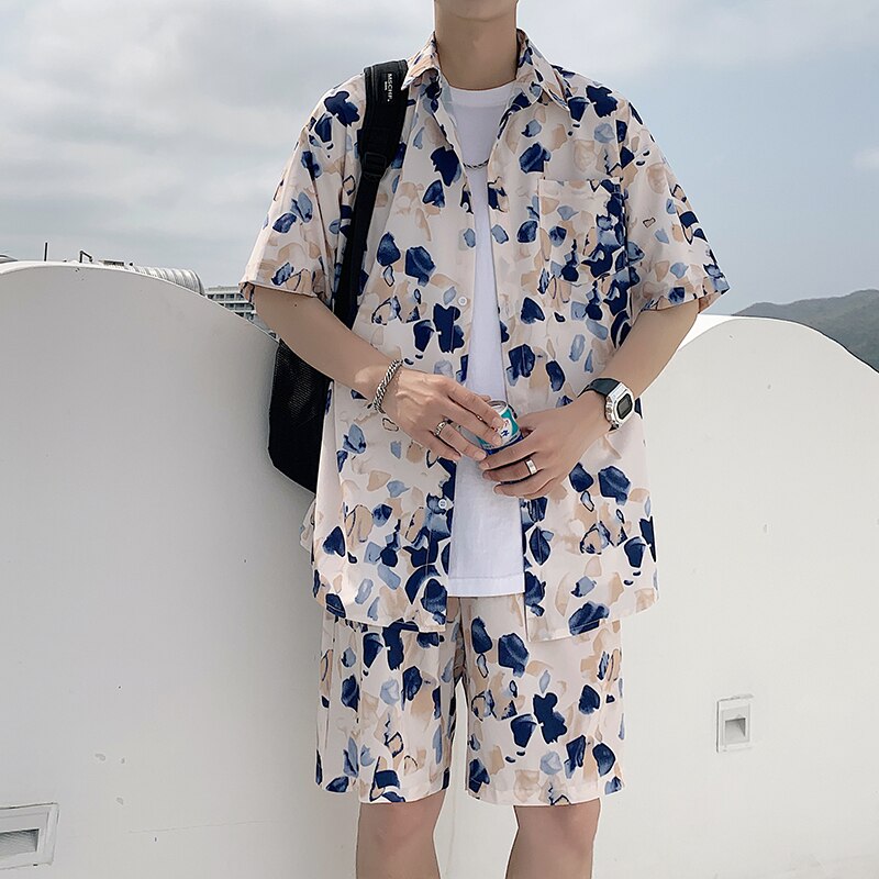 Summer Men Shorts Set Matching Shirts Letter Striped Floral Printing Lightweight Short Sleeve Elastic Waist Oversize Suit Man