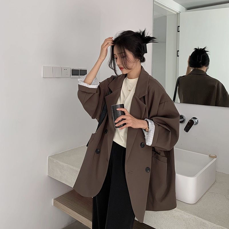 New 2022 Vintage Loose Women Solid Blazer Autumn Chic Double Breasted Female Long Sleeve Suit Jackets Stylish Ladies Blazer