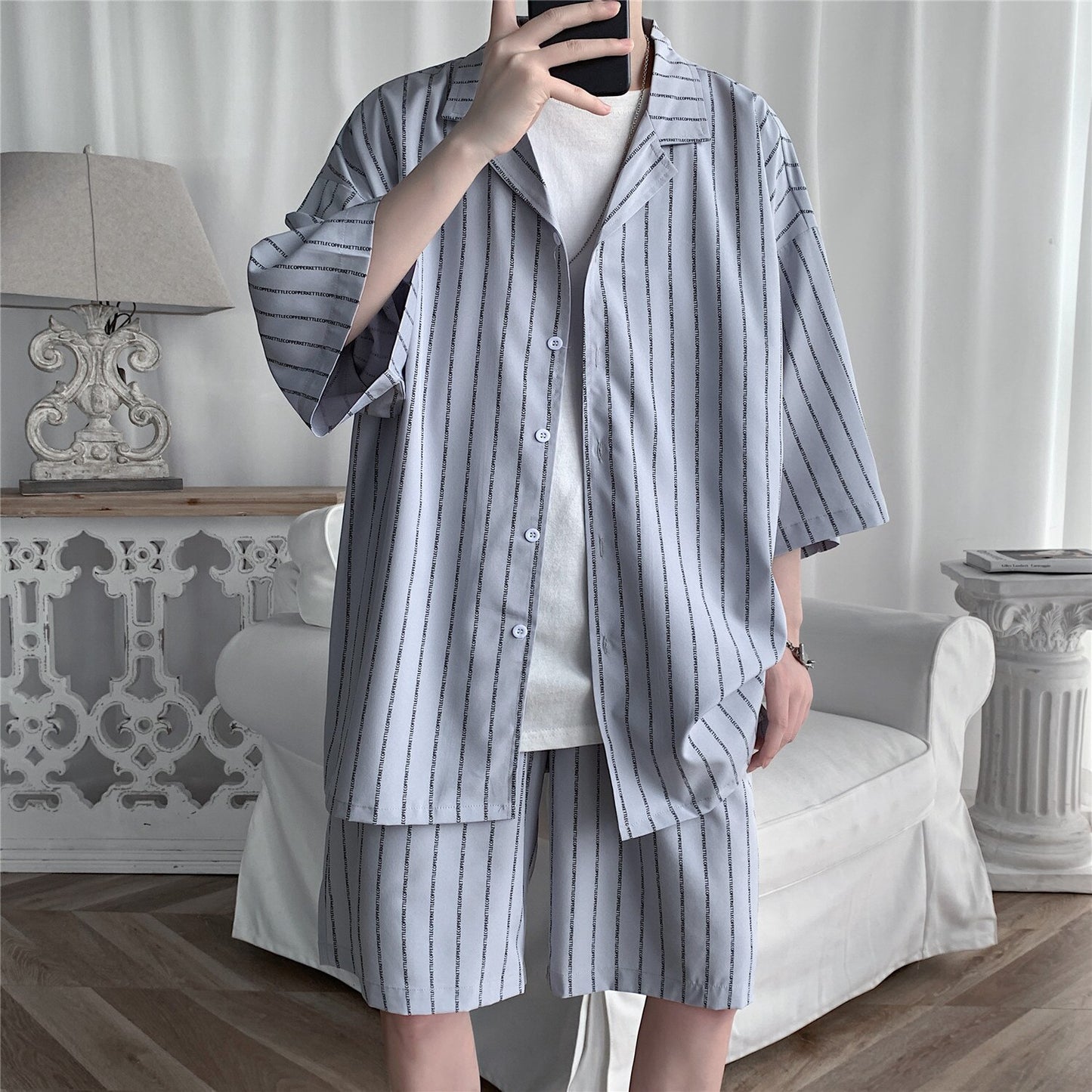 Summer Men Shorts Set Matching Shirts Letter Striped Floral Printing Lightweight Short Sleeve Elastic Waist Oversize Suit Man