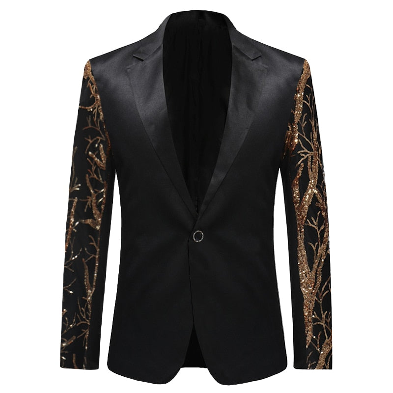 Mens Gold Sequins Slim Fit Black Balzer Hip Hop Stage Singers Prom Dress Suit Jacket Party Jacket Men