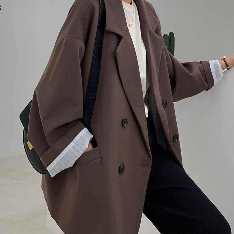 New 2022 Vintage Loose Women Solid Blazer Autumn Chic Double Breasted Female Long Sleeve Suit Jackets Stylish Ladies Blazer