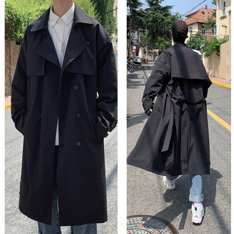 Korean style Spring Trench Coat Male Streetwear Windbreaker Trenchcoat Men Solid Business Casual Loose Long Overcoat